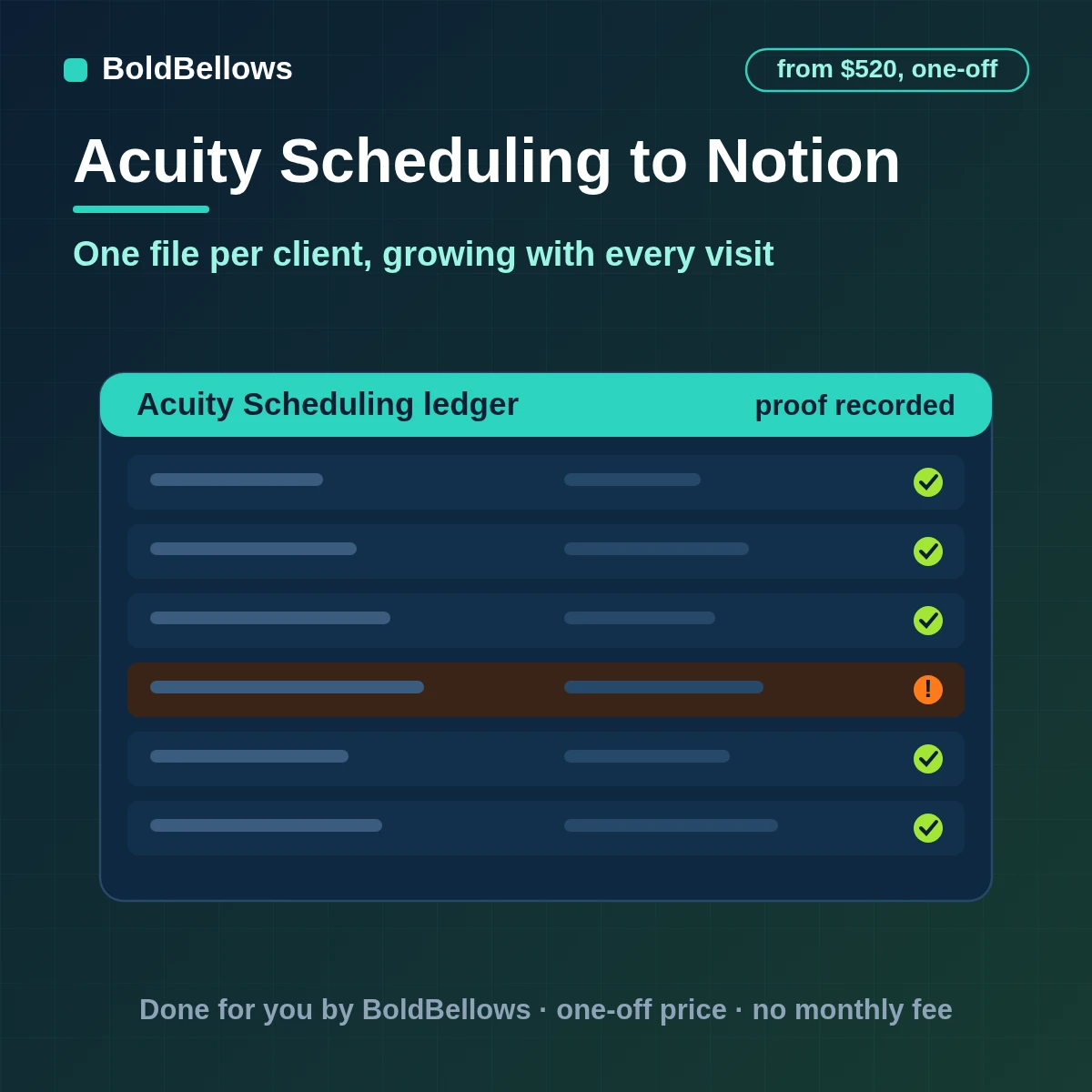 Acuity Scheduling clients and visits written to Notion as client pages with related visit pages and notes protected, built by BoldBellows