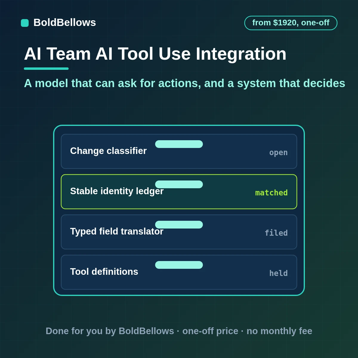 AI function calling and tool use integration with defined tools, validated arguments and approvals, built by BoldBellows