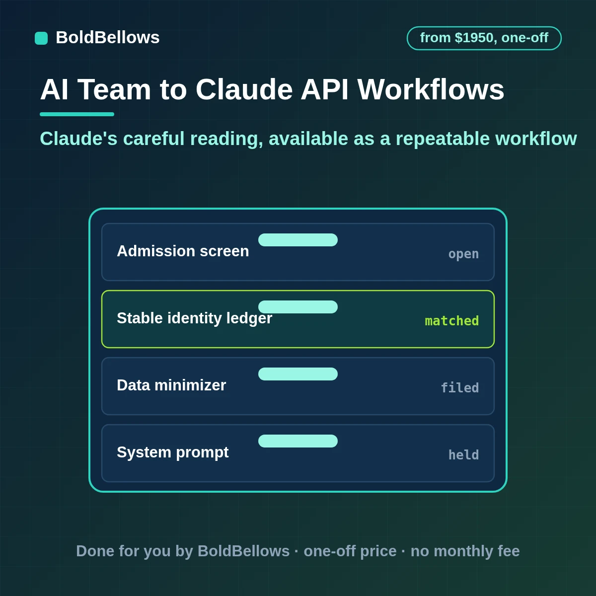 Claude API integration automation with a system prompt, long-input handling and output checks, built by BoldBellows