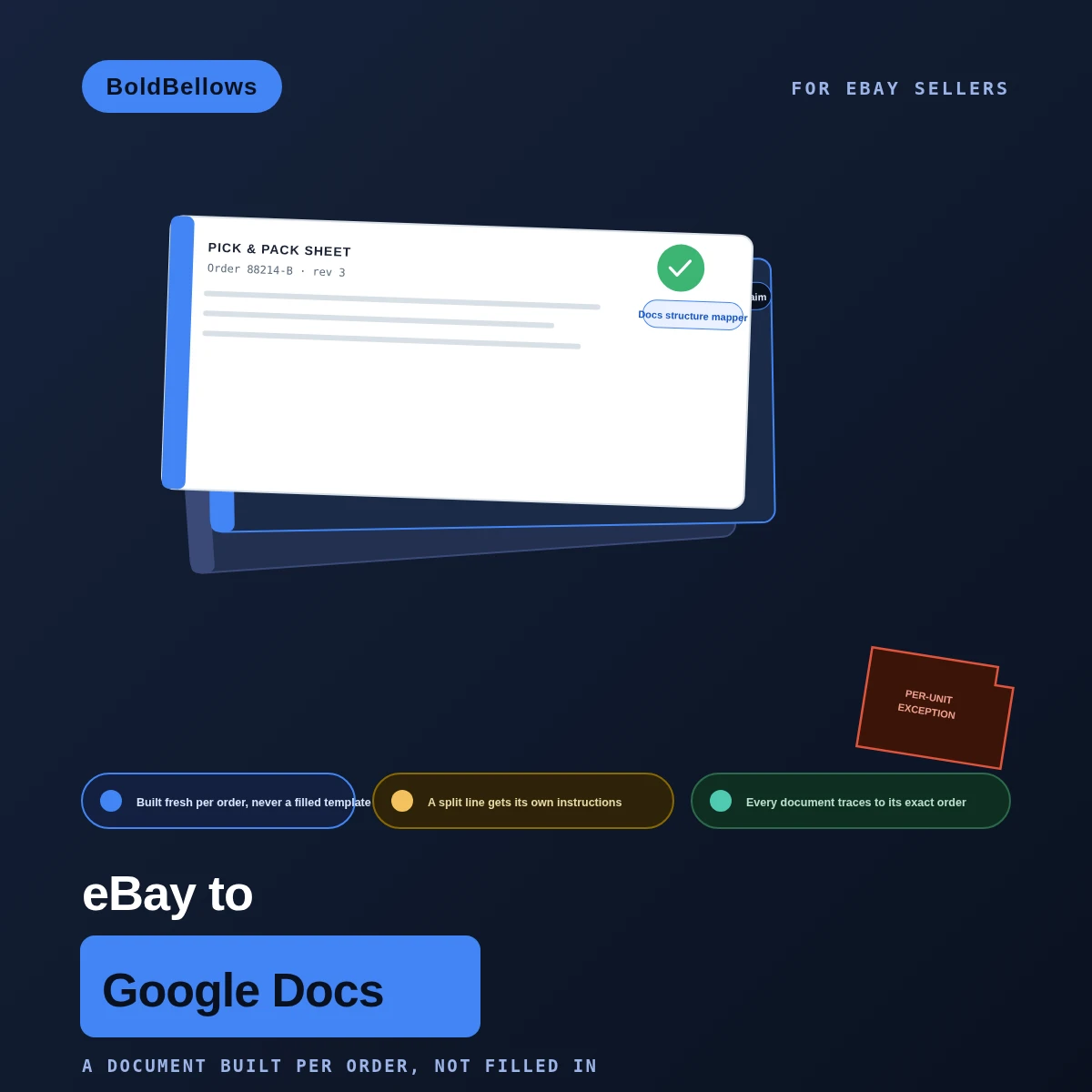 eBay to Google Docs automation by BoldBellows: a fulfillment document factory that generates order-specific pick, pack, customs and exception sheets from real eBay line data