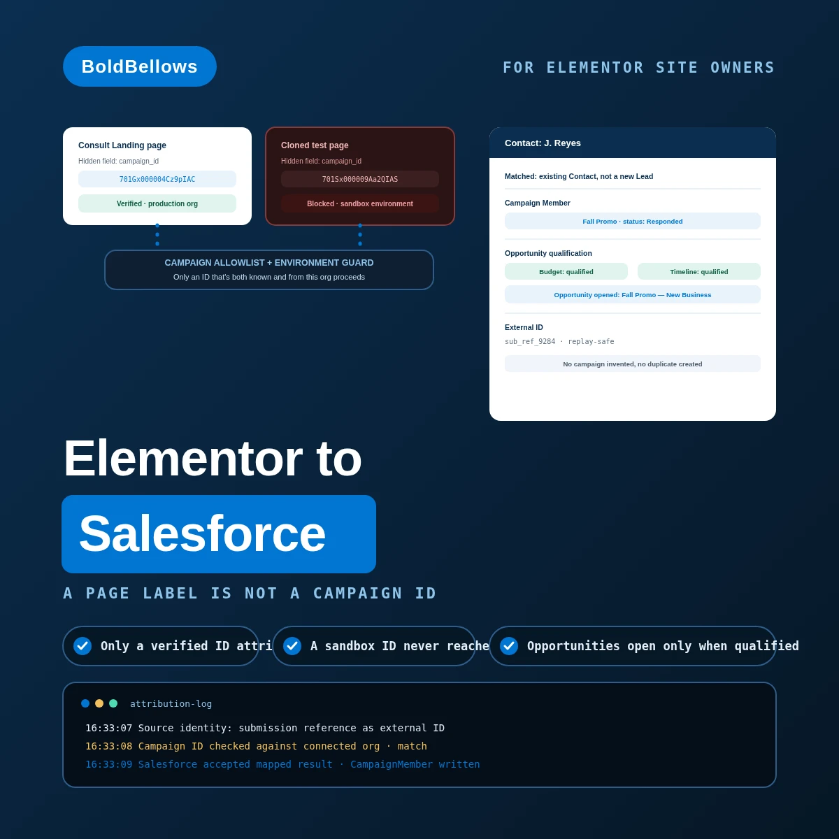 Elementor Forms to Salesforce automation by BoldBellows: a hidden campaign ID verified against the connected Salesforce environment before a Campaign Member is created, with a sandbox-environment ID blocked from reaching production