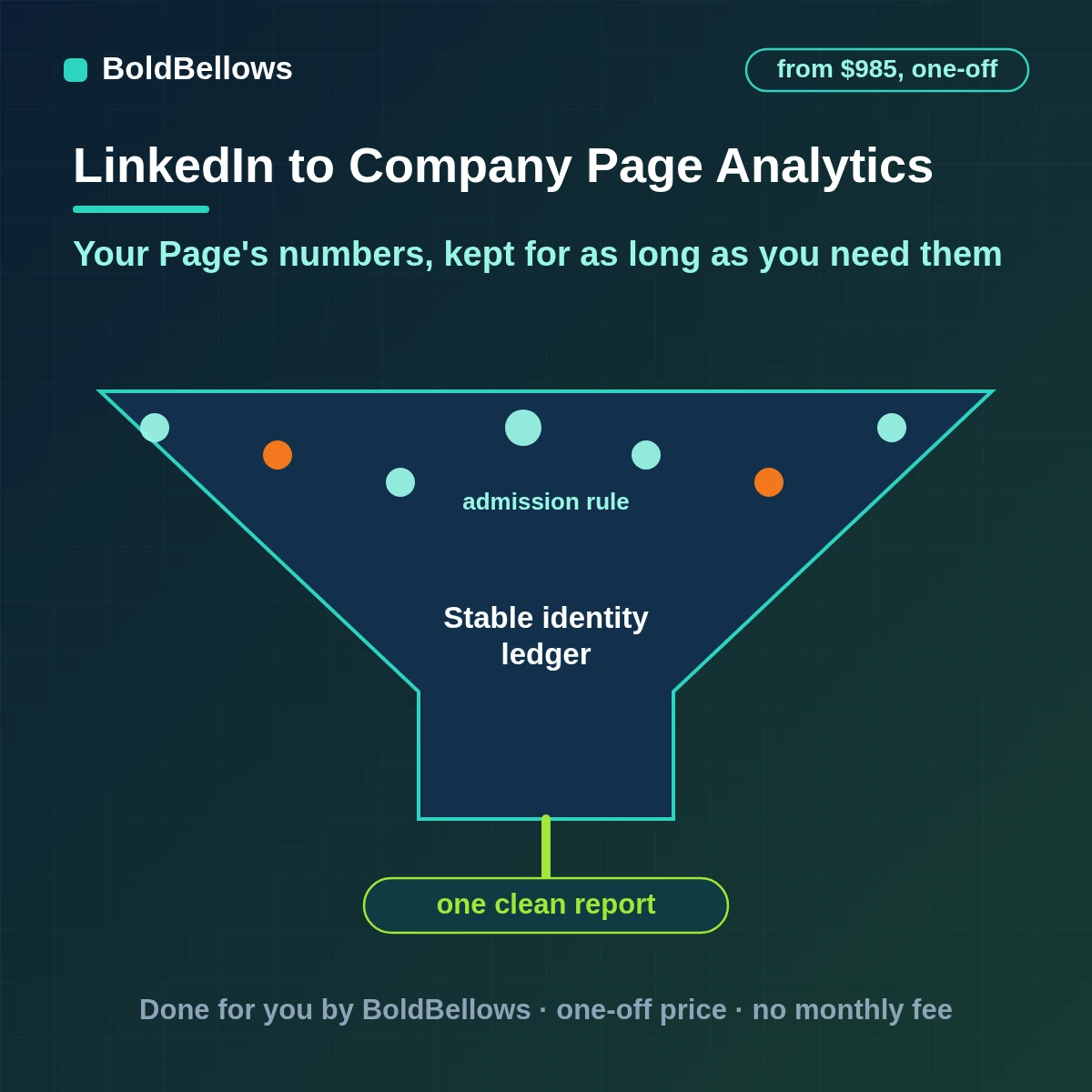 LinkedIn Company Page share follower and page statistics stored as dated snapshots beyond the rolling twelve-month window and compiled into a monthly report, built by BoldBellows