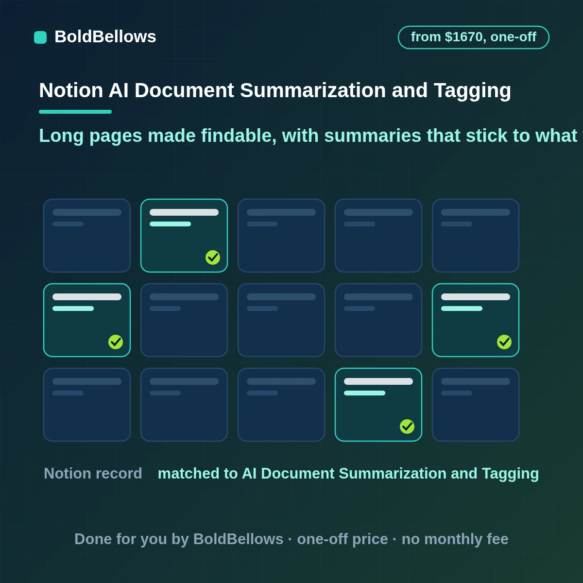 Notion AI document summarization and tagging with faithful summaries tags from your approved list uncertain pages flagged for review and corrections that are kept, built by BoldBellows