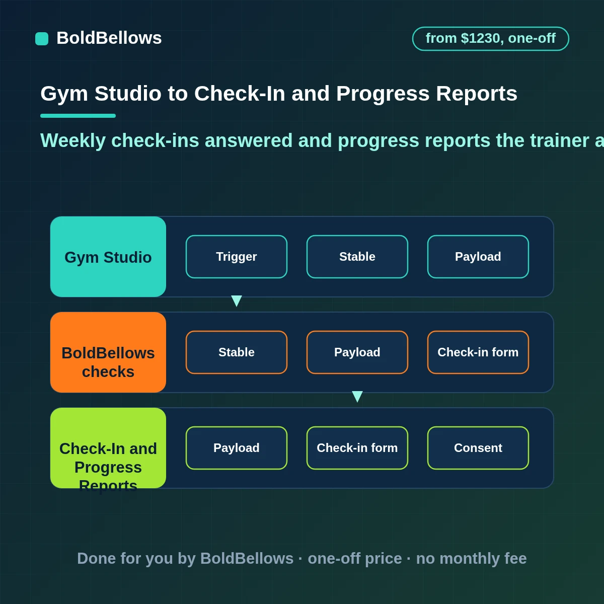 Personal trainer client check in and progress reporting with weekly check-ins, logged numbers and trainer-approved summaries, built by BoldBellows