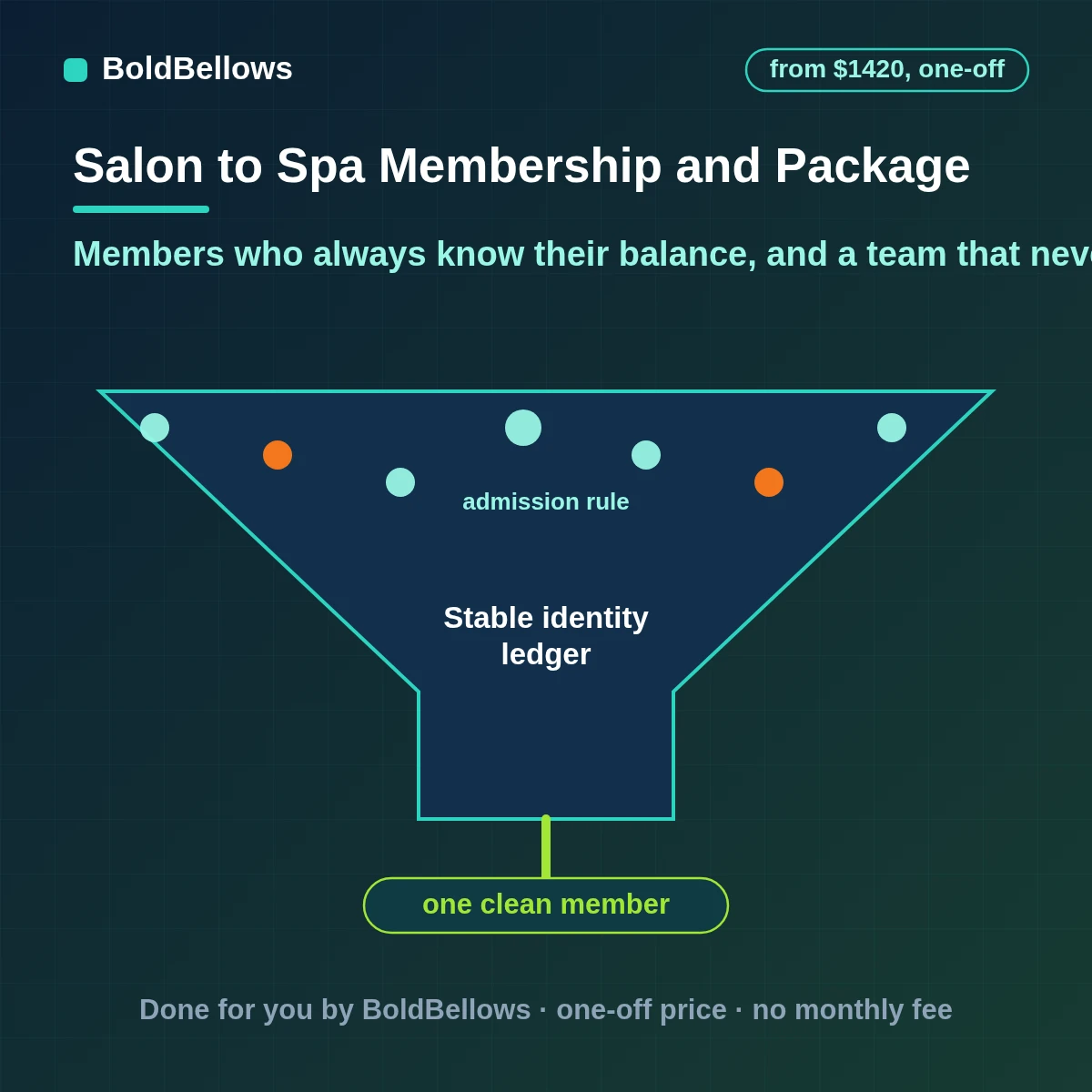 Spa membership and package automation with scheduled billing through your processor, balances written on every visit, expiry reminders and failed payments flagged for a person, built by BoldBellows