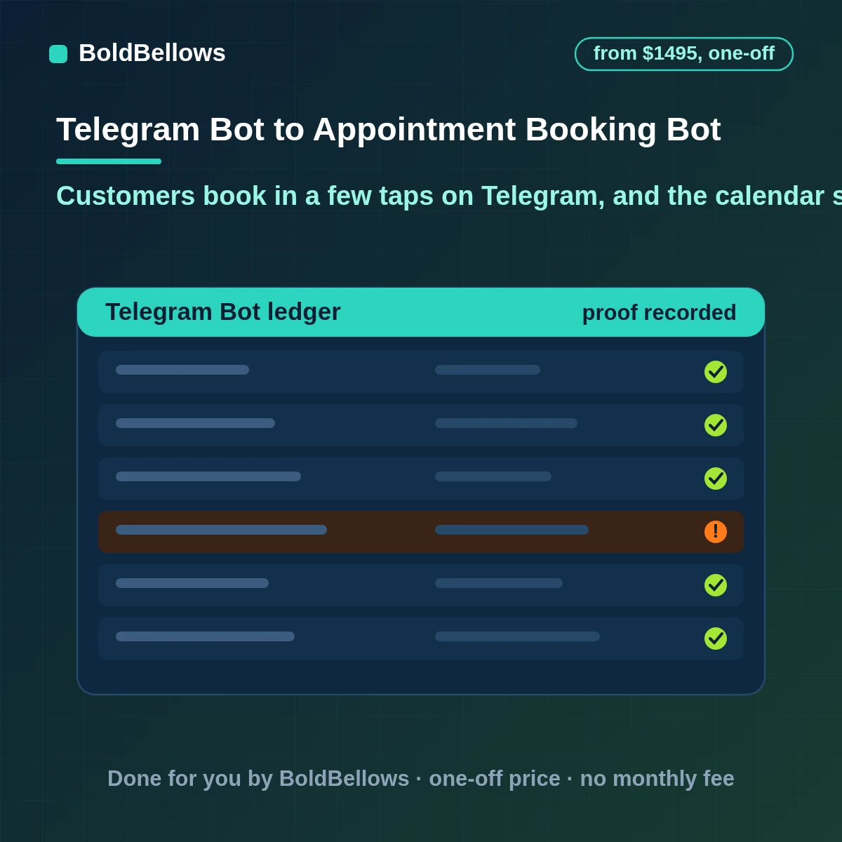 Telegram appointment booking bot with commands and buttons that shows real calendar slots writes the event once sends reminders to customers who started the bot and lets them reschedule or cancel in the chat, built by BoldBellows