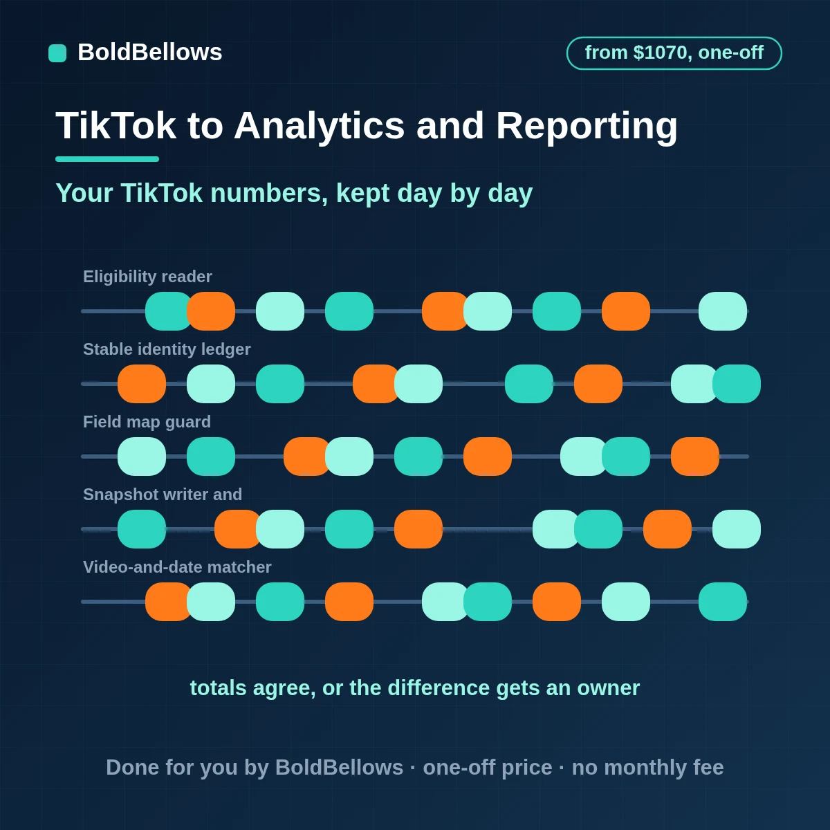 TikTok public video metrics read in pages of twenty stored as daily snapshots and compiled into a weekly report, built by BoldBellows