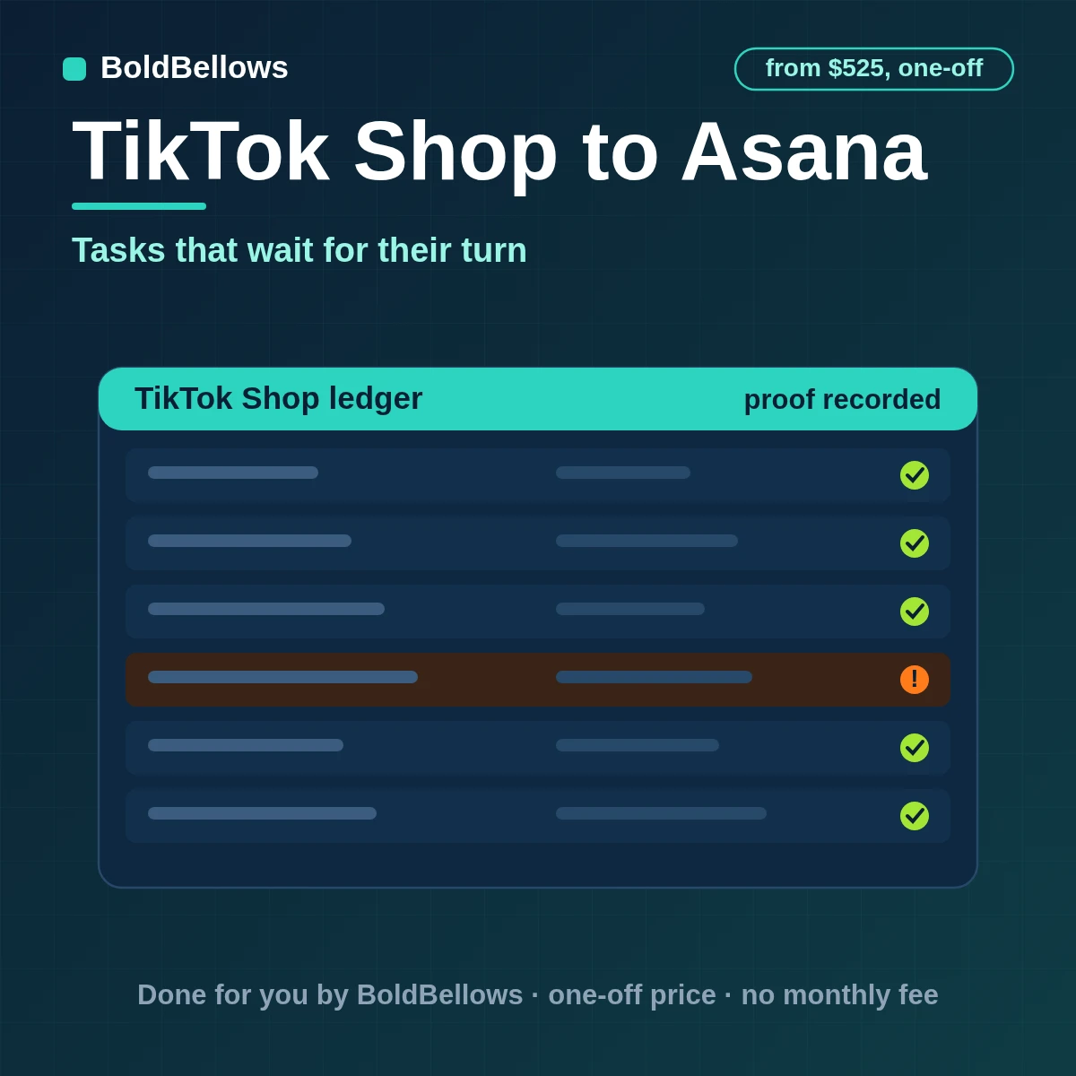 TikTok Shop to Asana automation by BoldBellows: product, stock, campaign and fulfillment states gating dependent Asana launch tasks with owners, blockers and release evidence