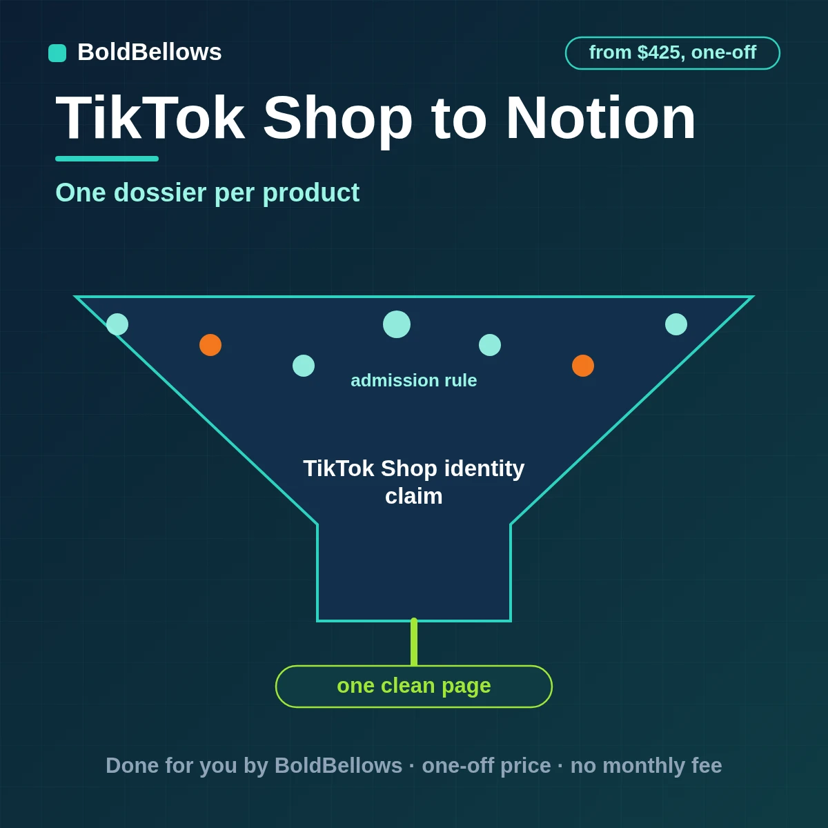 TikTok Shop to Notion automation by BoldBellows: a product compliance dossier page with category attributes, document evidence, review states and rejection reasons per catalog item