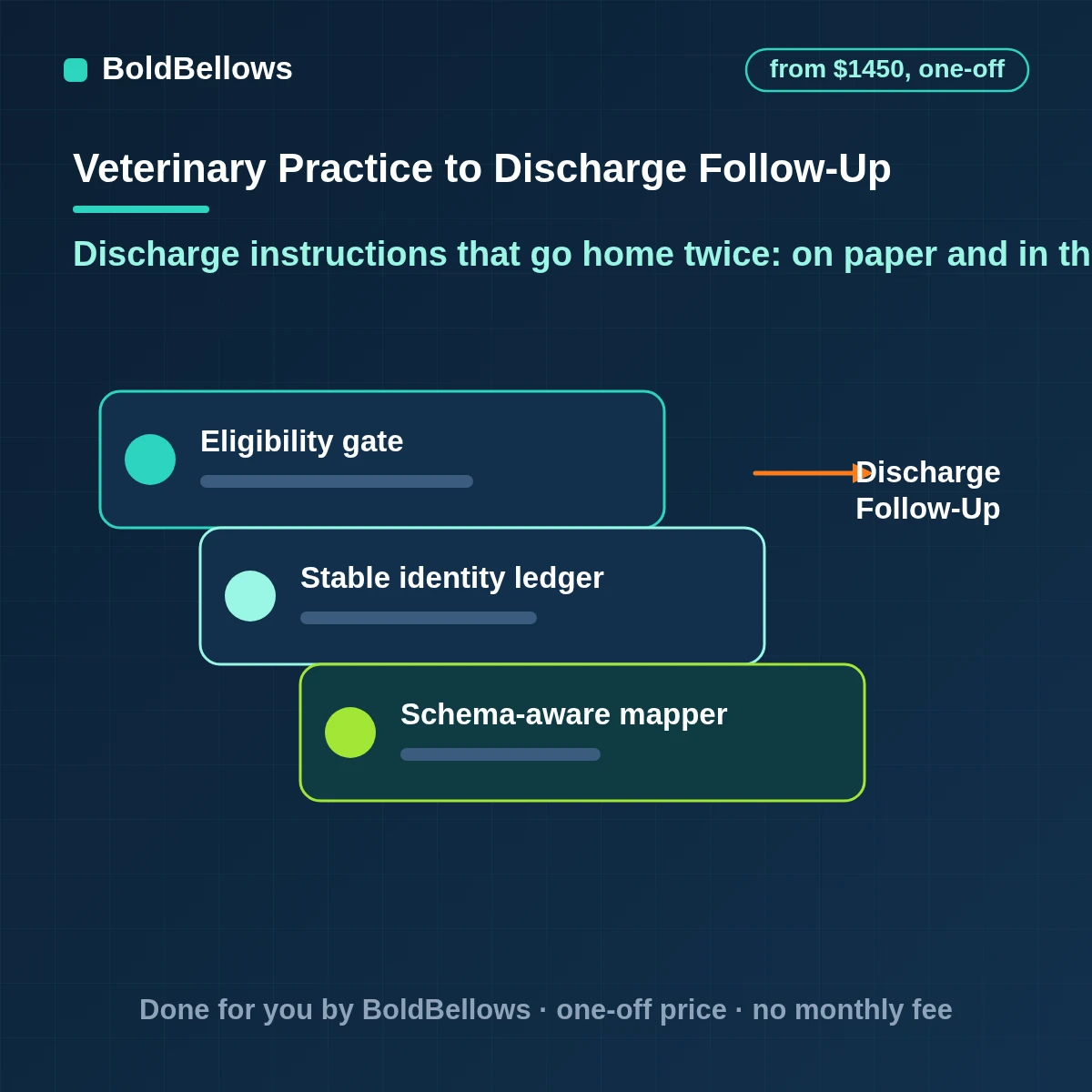 Veterinary discharge instruction follow up automation that sends the clinic's written discharge instructions, times a check-in by the clinic's rules and routes every owner reply to a nurse, built by BoldBellows