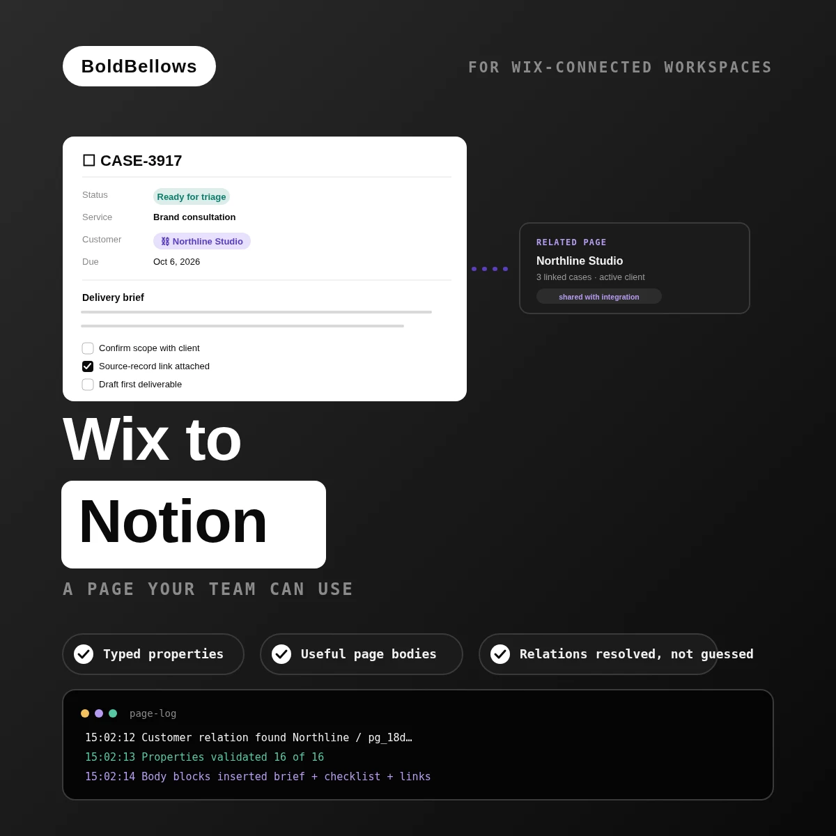 Wix to Notion automation by BoldBellows: a Wix form building a full Notion case page with typed properties, a related customer page and a body checklist